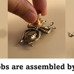 May include: Three images of brass beetle-shaped cabinet knobs. The knobs are intricately designed and shown in different stages of assembly. The text at the bottom reads: "All knobs are assembled by hand."