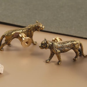 Tiger knob with brass base,Children room Nursery knobs,Drawer handles,Cupboard Door Pulls,Animal cabinet Wardrobe pulls,Dresser Closet knobs