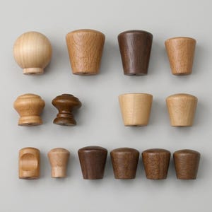 Può includere: Una collezione di quindici pomelli in legno per armadietti in varie forme e tonalità di legno, inclusi design sferici, conici e cilindrici. I pomelli presentano venature del legno naturali con finiture color marrone chiaro, medio e scuro.