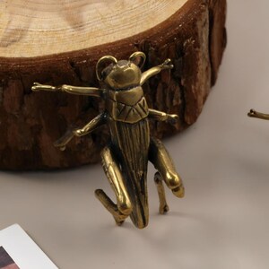 May include: A detailed brass grasshopper figurine with outstretched arms and legs, positioned on a light surface. The insect is near a wooden slice, showcasing its intricate design and metallic finish. The grasshopper is a decorative item.