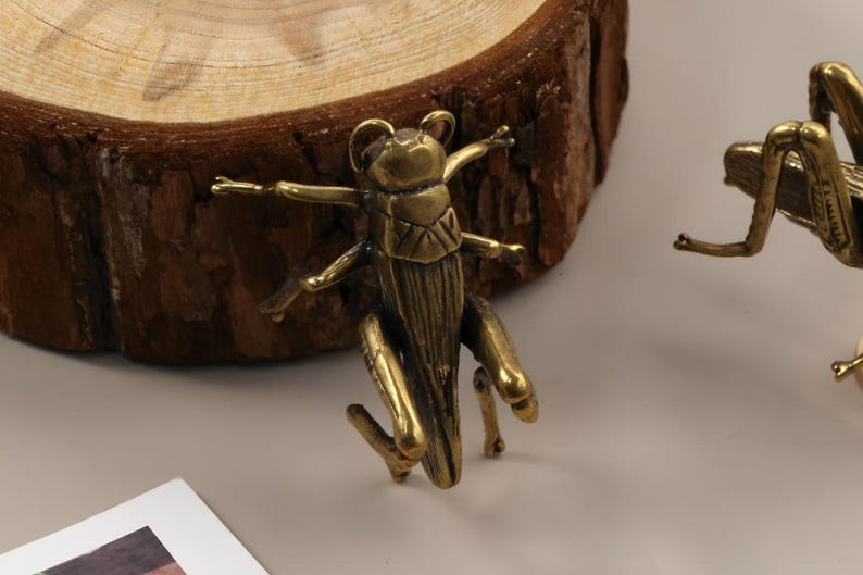 May include: A detailed brass grasshopper figurine with outstretched arms and legs, positioned on a light surface. The insect is near a wooden slice, showcasing its intricate design and metallic finish. The grasshopper is a decorative item.