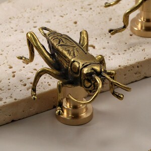 May include: Several brass cricket figurines are shown in close-up. The detailed insect sculptures are mounted on a small, round base. The cricket's body is textured with intricate details, and the legs are bent in a natural pose. The figurines are displayed on a light-coloured, textured surface.