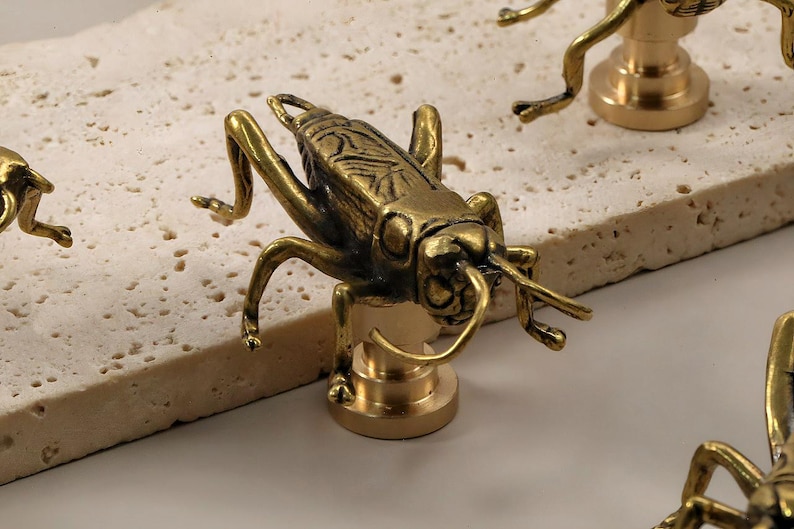 May include: Several brass cricket figurines are shown in close-up. The detailed insect sculptures are mounted on a small, round base. The cricket's body is textured with intricate details, and the legs are bent in a natural pose. The figurines are displayed on a light-coloured, textured surface.