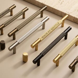 Tirador de cocina de bronce moleteado, tiradores de barra en T, tirador de gabinete con textura grabada personalizada, pomo de armario dorado, pomo de herraje de cocina, tiradores de puertas de cajón
