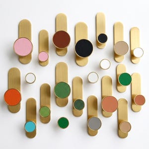 Op de afbeelding: Een verzameling messing kastknoppen met een verticaal, langwerpig ontwerp. Elke knop heeft een cirkelvormig accent in verschillende kleuren, waaronder roze, bruin, zwart, wit, groen, oranje, blauw en grijs. Op een witte achtergrond.