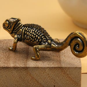 May include: A detailed bronze chameleon figurine with a curled tail, posed on a small wooden block. The reptile's textured body and legs are visible, showcasing the craftsmanship. The figurine is a decorative item.