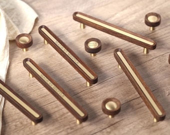 Custom Engraved Walnut and Brass handles for cabinet,solid brass Pulls knobs,Cupboard Door Handles,modern drawer round Knobs,wardrobe pulls