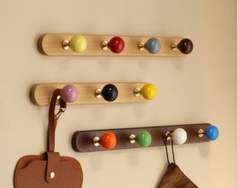 Walnut Beech Wall Hook with ceramic ball,Hat Hook,Wooden Coat Hook,Custom Engrave Wicker Decor,Towel Hanger,Nursery room kid wall decoration