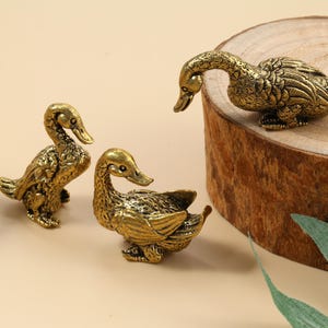 May include: Three antique brass duck figurines. Two ducks stand upright, while the third is perched on a wooden slice. The ducks have detailed feather textures and are in a golden-bronze color.