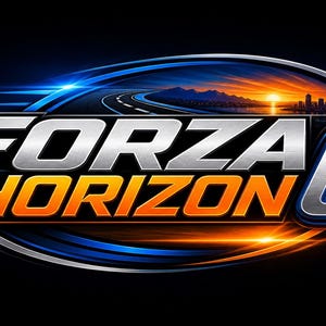 Può includere: Il logo di Forza Horizon 6, su sfondo nero, presenta il titolo del gioco in argento e arancione. Il design include una strada e un paesaggio urbano al tramonto.
