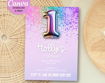 Mermaid Glitter Purple 1st Birthday Party Invite Rainbow Foil Balloon Girl First Birthday Canva Printable Instant Download Digital Editable