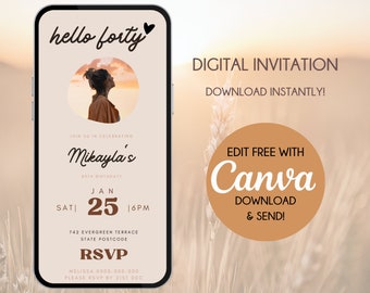 40th Birthday Invitation Canva Editable PDF PNG Jpg File Digital Evite Mobile Personalised Custom Beige Minimalist Calligraphy E-Invite AU