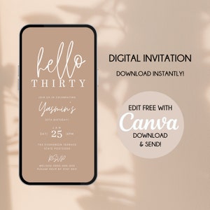 30th Birthday Invitation Canva Editable PDF PNG Jpg File Digital Evite Mobile Personalised Custom Beige Minimalist Calligraphy E-Invite AU