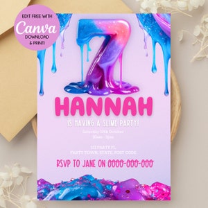 Editable Slime 7th Birthday Themed Party Invite Pink Purple Blue Seventh Birthday Canva Printable Instant Download Digital Editable