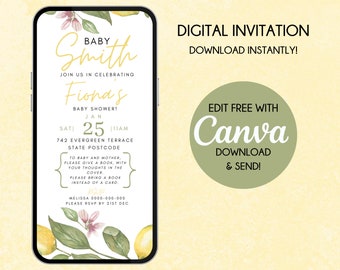 Baby Shower Invitation Template Editable Digital EVite EInvitation Lemon Yellow Gender Reveal Printable PDF Jpeg PNG Personalised Custom AU