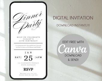 40th Birthday Invitation Canva Editable PDF PNG Jpg File Digital Evite Mobile Personalised Dinner Party Minimalist Calligraphy E-Invite AU