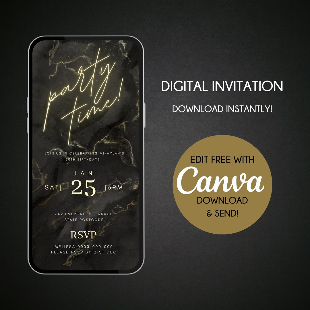Black and Gold Marble Neon Birthday Invitation Canva Editable PDF PNG ...