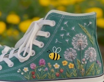 Converse-sneakers met geborduurde paardebloemen en wilde bloemen | Op maat geborduurde Chuck Taylor-schoenen voor tuin