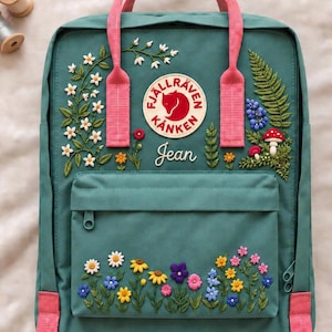 Fjällräven Kånken Broderi Vildblommor & Svamp, Anpassad Reseryggsäck, Handbroderad Blommig Skolväska