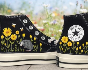 Embroidered Opossum And Daisy Converse: Custom Embroidered Flower High Top Design Shoes