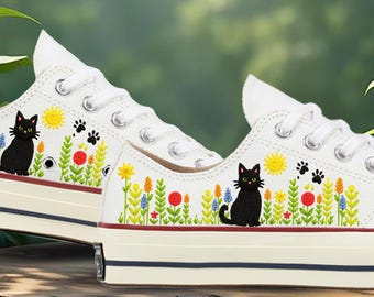 Embroidered Cat And Dog Paw Converse Low Top Shoes: Custom Flowers Embroidered Design Sneakers