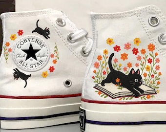 Converse High Top Embroidered Book And Daisy: Floral & Cat Embroidered Shoes Sneakers