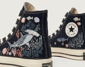 Custom Converse High Top Embroidery Hammerhead Shark Sea: Ocean Theme Design Sneaker Shoes