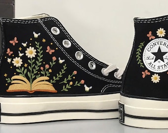 Embroidered Book & Daisy Converse High Top Sneakers: Custom insect Design Shoes