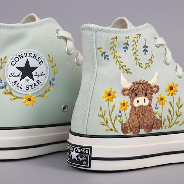 Embroidered Cow And Flower Converse Sneakers: Highland Animal Embroidered Custom Shoes High Top