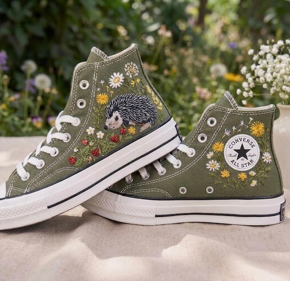 Converse, Custom Converse Sneakers Embroidered Opossum And Wildflowers Vintage, Strawberry Garden And Dandelion Design Shoes