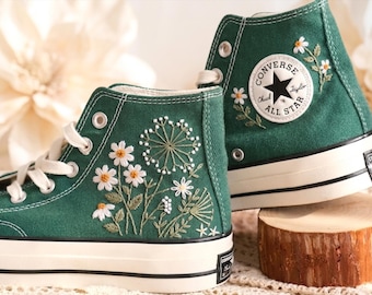 Embroidered Daisy & Dandelions Converse Chuck Taylor All Star, Embroidered Floral HighTop Shoes, Hand-embroidered Custom Sneakers Shoe