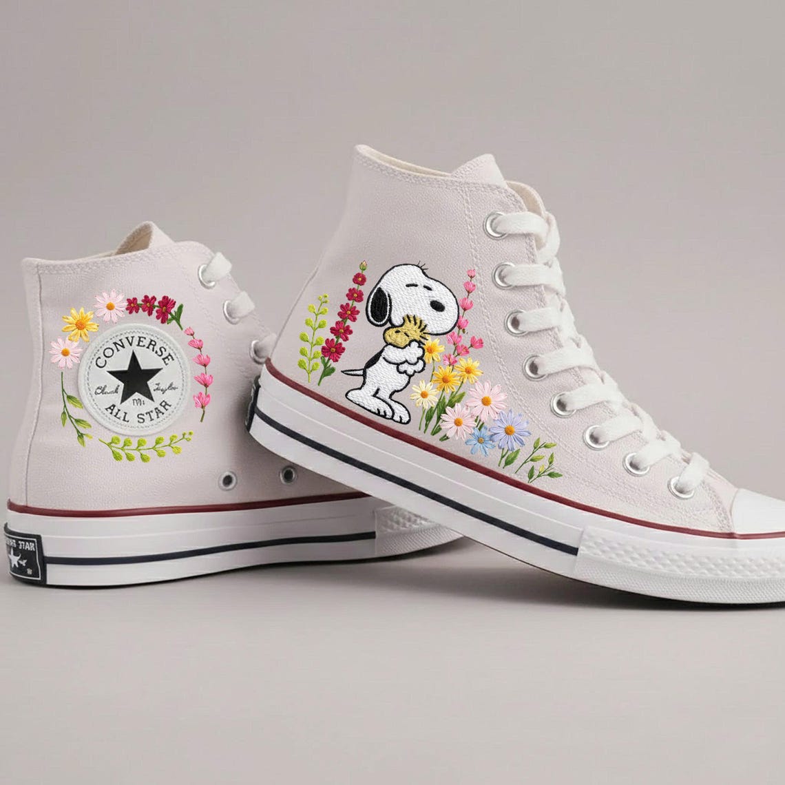 Embroidered Dog Custom Cartoon Character Converse Sneakers , Flower ...
