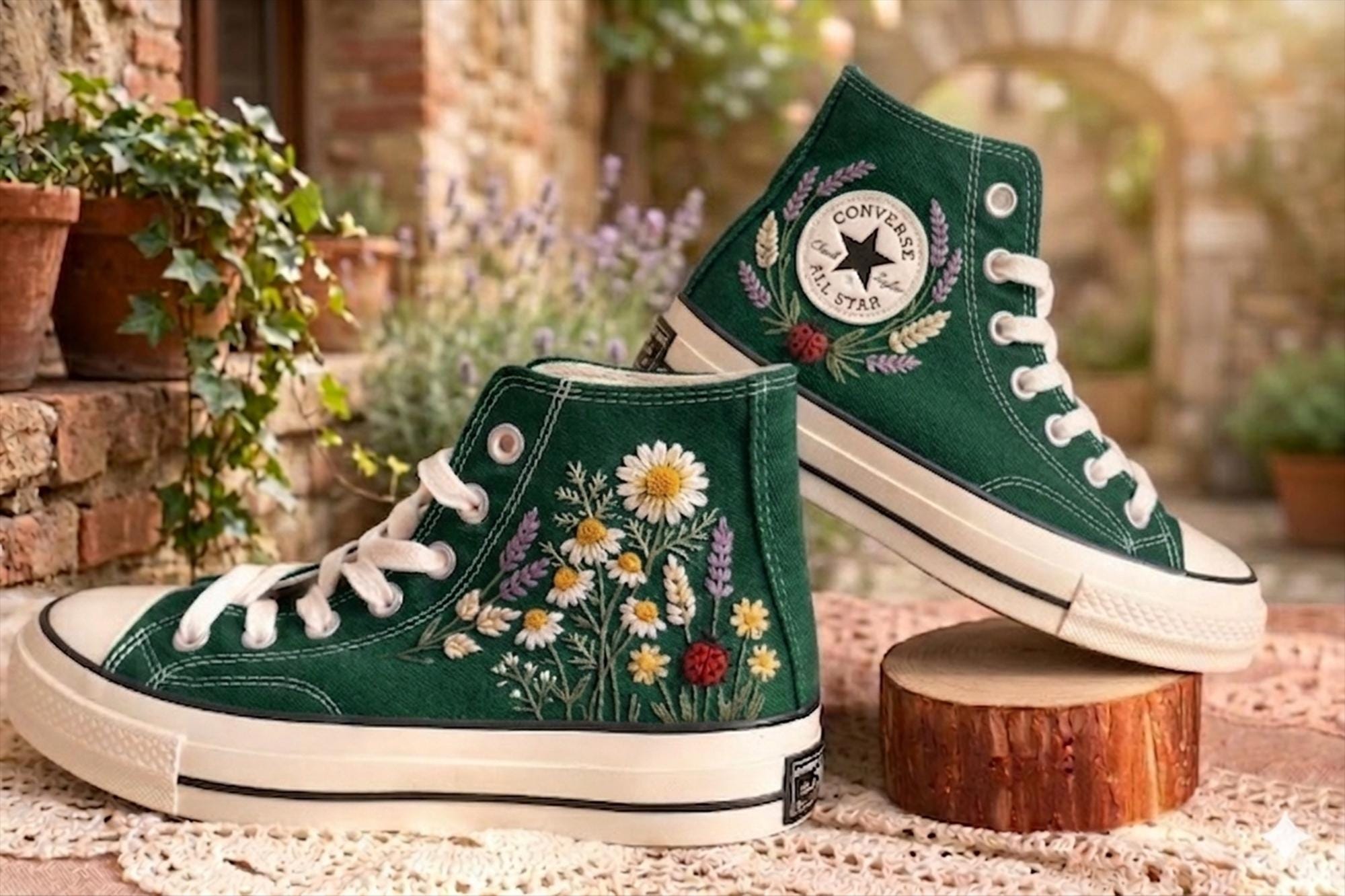 Embroidered Ladybug & Wildflowers Converse High Tops, Daisy Floral