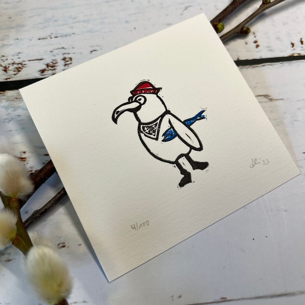 Miniprint Möwe | 10 x 10 cm | handgedruckt | mehrfarbiger Linoldruck | limitierte Auflage | Geschenk Ostsee und Meer | Deko Wandbild