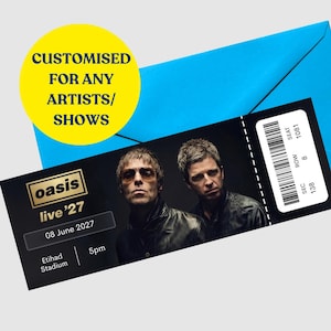 May include: A black concert ticket featuring a photograph of the band Oasis, with the text Oasis live '27, 08 June 2027, Etihad Stadium, 5pm, and a barcode with seat 1081, row 8, sec 138, placed in front of a bright blue envelope with a yellow circle.