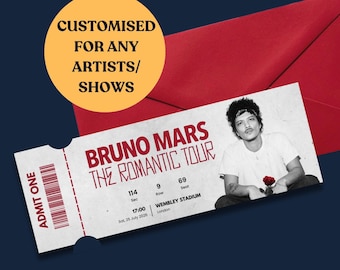 Personalised Concert Ticket Souvenir: Surprise Gig Reveal, Bruno Mars, Birthday Gift, Valentines, Mothers Day, Custom Ticket