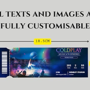 K&ouml;nnte beinhalten: Ein rechteckiges Konzertticket mit den Ma&szlig;en 18,5 cm mal 6,5 cm. Das Ticket zeigt einen dunkelblauen Hintergrund mit einer Konzertszenen-Grafik, dem Text COLDPLAY MUSIC of the SPHERES WORLD TOUR, gate 203, row 2, seat 55, 5 PM, 26th August 2025, WEMBLEY STADIUM.