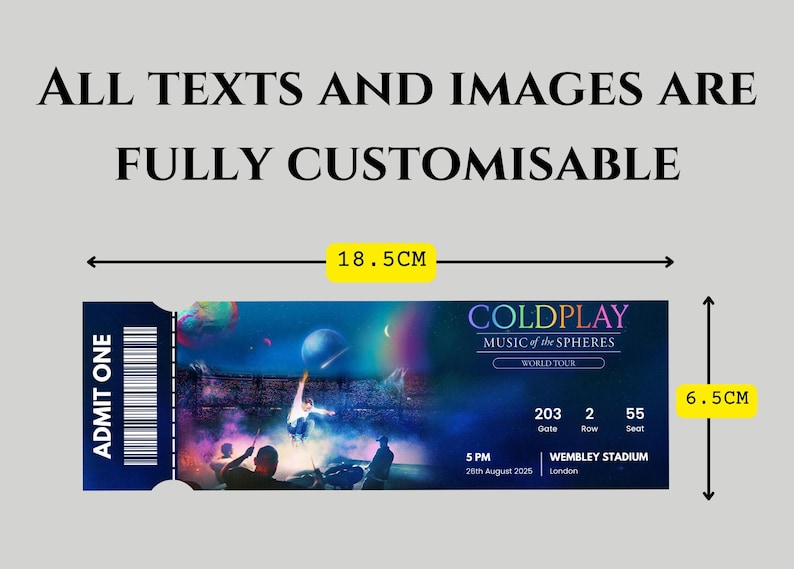 K&ouml;nnte beinhalten: Ein rechteckiges Konzertticket mit den Ma&szlig;en 18,5 cm mal 6,5 cm. Das Ticket zeigt einen dunkelblauen Hintergrund mit einer Konzertszenen-Grafik, dem Text COLDPLAY MUSIC of the SPHERES WORLD TOUR, gate 203, row 2, seat 55, 5 PM, 26th August 2025, WEMBLEY STADIUM.