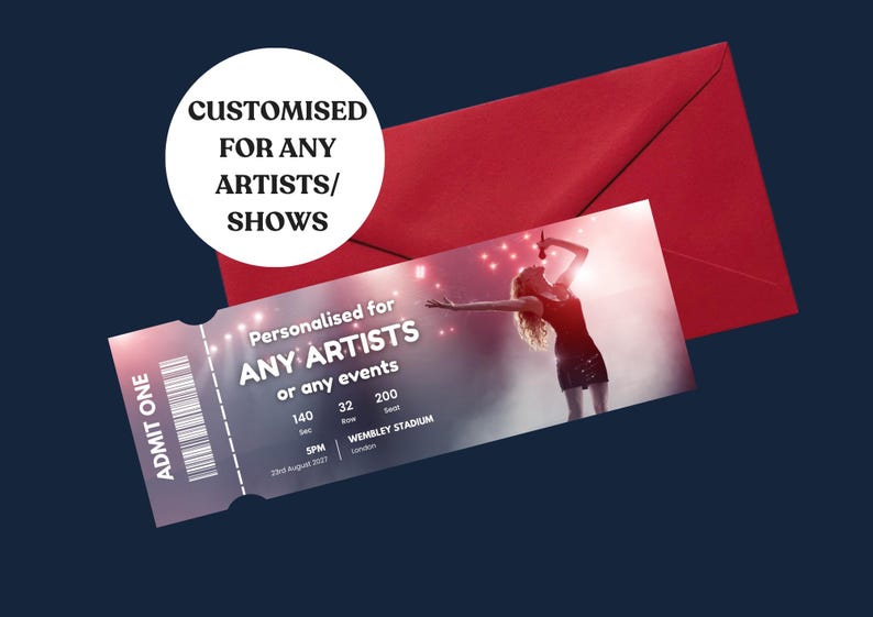 K&ouml;nnte beinhalten: Ein rechteckiges Veranstaltungsticket mit einem Farbverlaufshintergrund, das einen K&uuml;nstler auf der B&uuml;hne zeigt, mit dem Text "Personalised for ANY ARTISTS or any events", "ADMIT ONE" und "WEMBLEY STADIUM", dazu ein roter Umschlag.