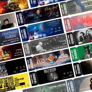 K&ouml;nnte beinhalten: Eine Sammlung rechteckiger Konzerttickets mit verschiedenen K&uuml;nstlern, darunter Busted vs McFly, Billy Joel, Noah Kahan, Imagine Dragons, Alec Benjamin, Coldplay, The Lumineers, Michael Buble, Zach Bryan, Tyler the Creator und Billy Ocean.