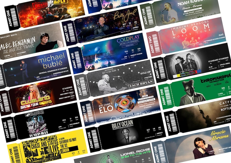 K&ouml;nnte beinhalten: Eine Sammlung rechteckiger Konzerttickets mit verschiedenen K&uuml;nstlern, darunter Busted vs McFly, Billy Joel, Noah Kahan, Imagine Dragons, Alec Benjamin, Coldplay, The Lumineers, Michael Buble, Zach Bryan, Tyler the Creator und Billy Ocean.