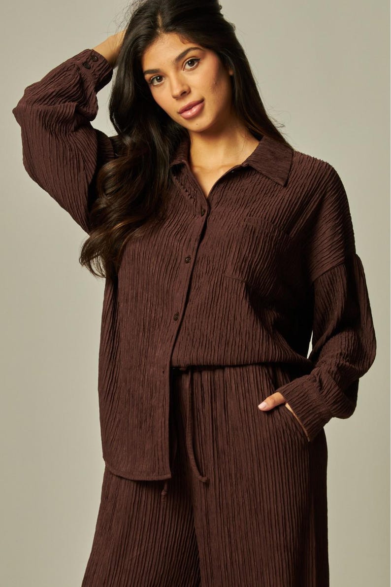 Sadie Crinkle Bow Accent Button Down Shirt