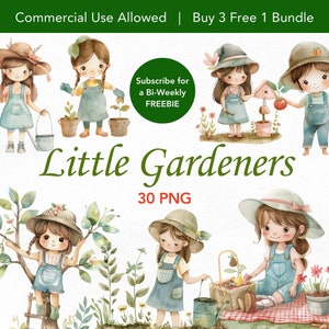 Tuinmeisje png-clipart, schattige kleine tuinjongen, aquarel lentetuin, tuinieren png, bloementuin png, tuin kinderkamer decor clipart