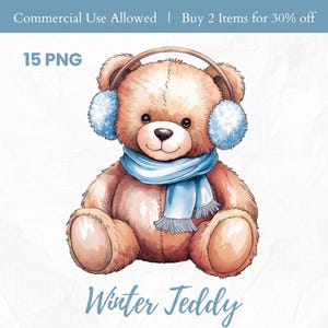 Cute Teddy Bears in Winter PNG Bundle, Blue Watercolor Bears with Snow, Festive Winter Bear for Printable, Decor, DIY Cards, Junk Journal