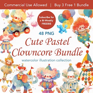 Clowncore PNG, lindo payaso pastel clipart, paquete de imágenes prediseñadas de acuarela, imágenes prediseñadas para niños, circo PNG, ilustración infantil, lindo PNG para niños
