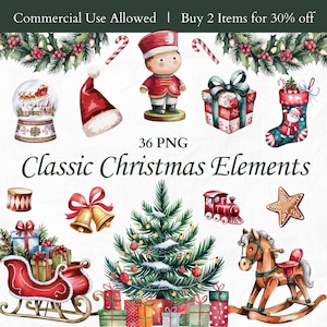 Pacote de elementos clássicos de Natal PNG, clipart de Natal caprichoso em aquarela, cartão-presente de scrapbook de diário de lixo de Natal para impressão por sublimação