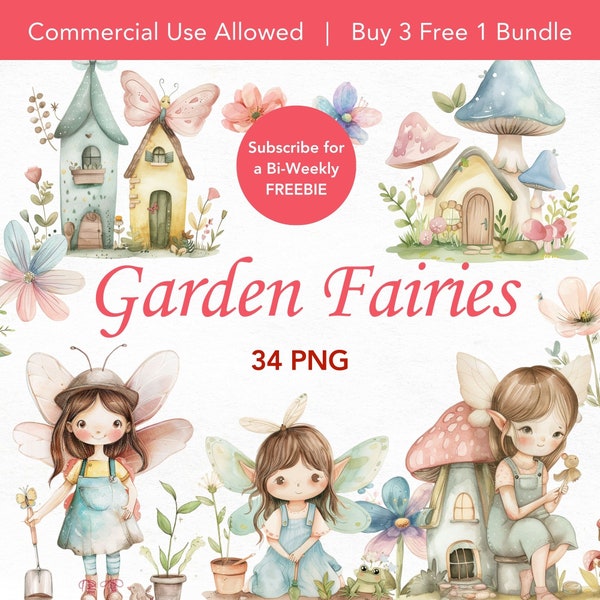 Garden Fairies PNG, Watercolor Fairy Clipart, Floral Fairy, Cute Fantasy Magical Garden PNG, Cute Nursery Decor Clipart, Fairy House Clipart