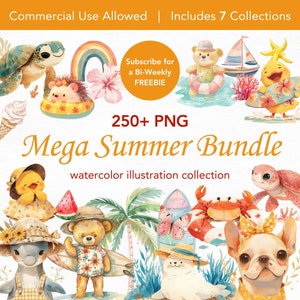 MEGA Summer Animal Clipart Bundle, Summer Animals PNG, Hello Summer PNG, Summertime, Watercolor Clipart, Watercolor Animal, Beach Clipart