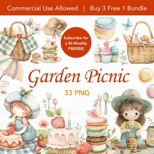 Picnic de jardín PNG, paquete de imágenes prediseñadas de jardín de primavera, picnic pastel de jardín de acuarela, imágenes prediseñadas de campo, cesta de picnic, PNG lindo para niños