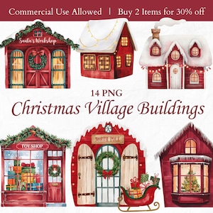 Aquarell Weihnachtshaus Clipart, klassisches Santa Dorf Gebäude PNG Bundle, Weihnachtsschaufenster Clip Art Urlaub Dekor druckbare Set